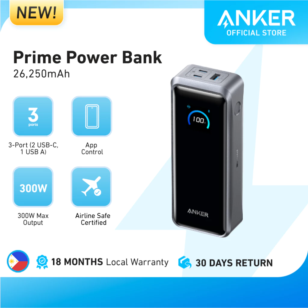 Anker Prime Power Bank, 26,250mAh 3-Port 300W Portable Charger