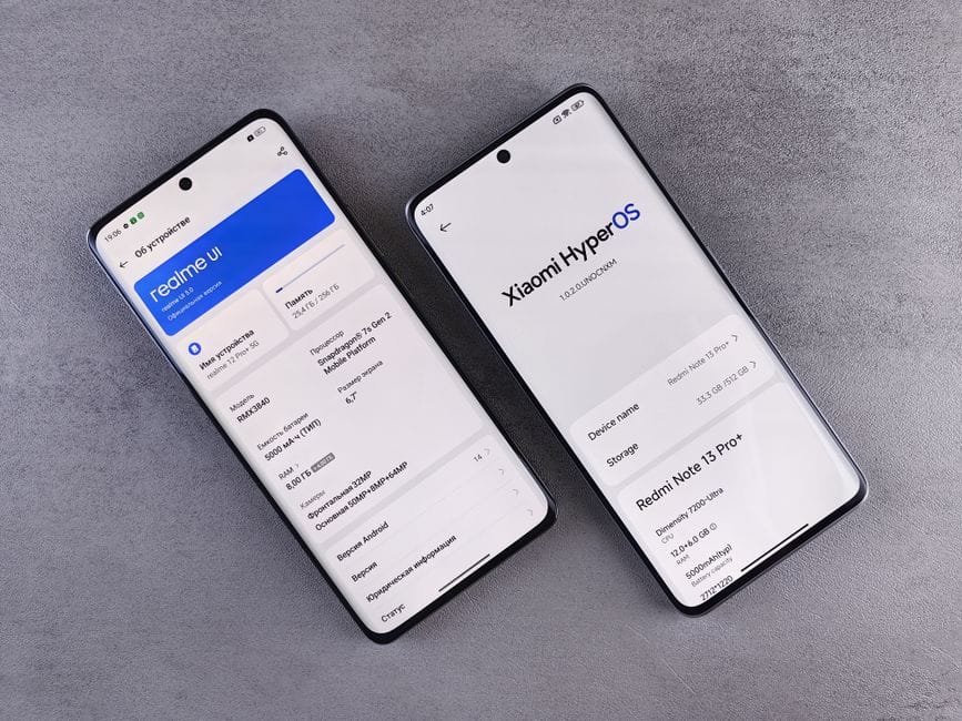 Comparison of two smartphones showing Realme UI and Xiaomi HyperOS interfaces on their screens. (Photo by Andrey Matveev on Pexels)