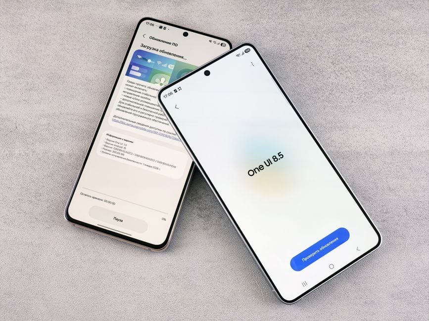 Two smartphones are shown displaying a software update screen with One UI 8.5. (Photo by Andrey Matveev on Pexels)