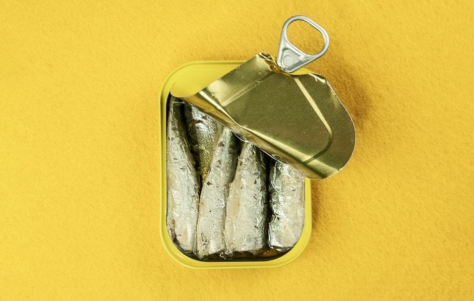 Metal can of sardines opened, revealing fish against a bright yellow background. (Photo by Karen Laårk Boshoff on Pexels)